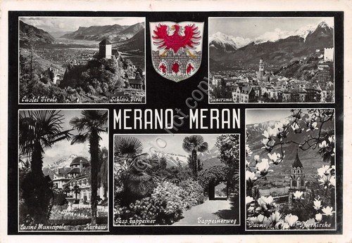 Cartolina Merano vedute con stemma 1958 timbro Merano (Bolzano)