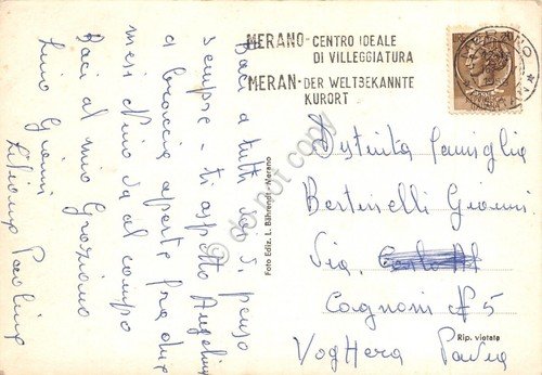 Cartolina Merano vedute con stemma 1958 timbro Merano (Bolzano)