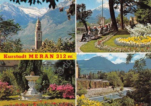 Cartolina Merano vedute varie città via giardini anni '80