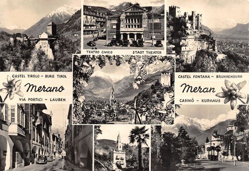 Cartolina Merano vedute varie teatro Via Portici casinò 1957 | Immagine principale