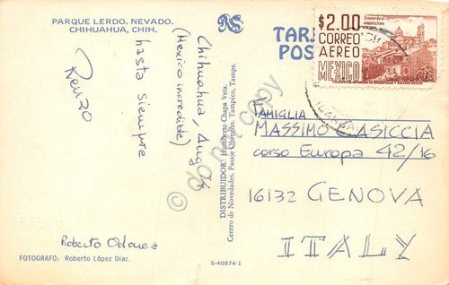 Cartolina Mexico Parque Lerdo Nevado Chiuahua, Chih 1974