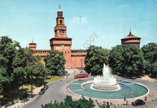 Cartolina Milano Castello Sforzesco con fontana bus auto 1963 | Immagine principale