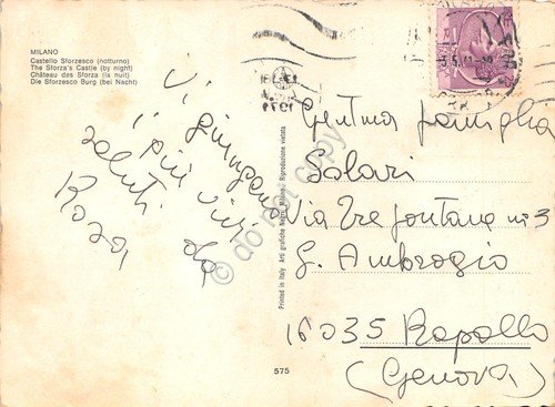 Cartolina Milano Castello Sforzesco notturno con auto