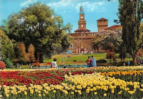 Cartolina Milano castello Sforzesco tulipani animata colorata 1963 | Immagine Gallery 1