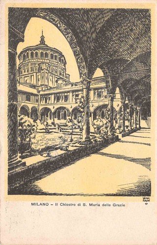 Cartolina Milano Chiostro S. Maria delle Grazie Illustrata Veneziani Bisleri | Immagine principale