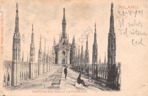 Cartolina Milano Duomo particolare del tetto animata 1901