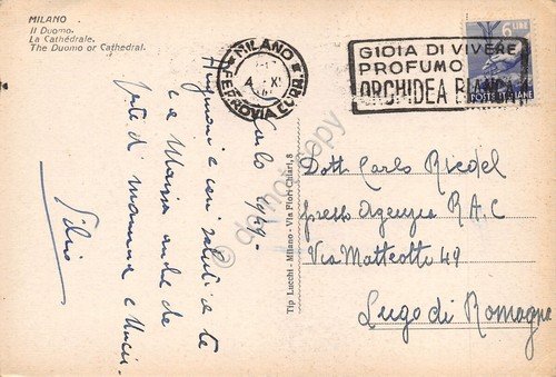 Cartolina Milano Duomo Timbro a targhetta Profumo Orchidea Bianca 1949
