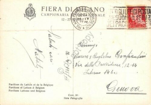 Cartolina Milano Fiera Campionaria Padiglioni Lazio e Belgio 1937 animata