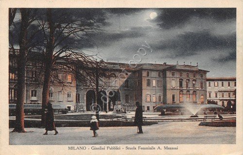 Cartolina Milano Giardini pubblici Scuola Femminile A. Manzoni illustrata