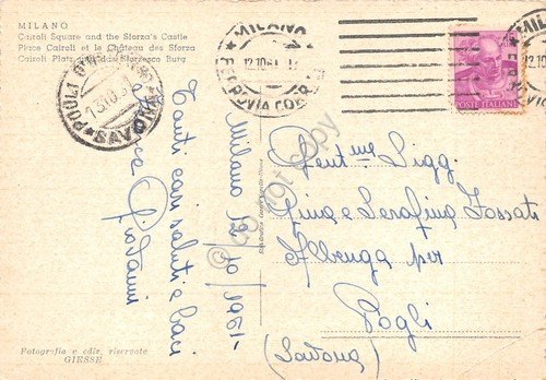 Cartolina Milano Largo Cairoli vista dall'alto tram auto 1961