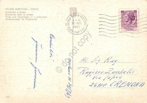 Cartolina Milano Marittima Cervia Grattacieli e pineta 1969 (Ravenna)