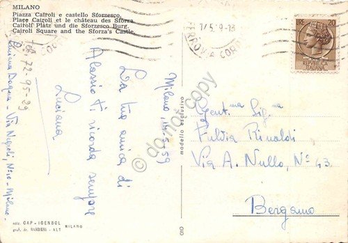 Cartolina Milano Piazza Cairoli auto d'epoca tram 1959