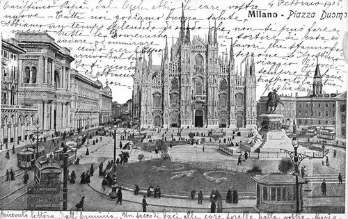 Cartolina Milano Piazza del Duomo 1906 tram animata pubblicità | Immagine principale