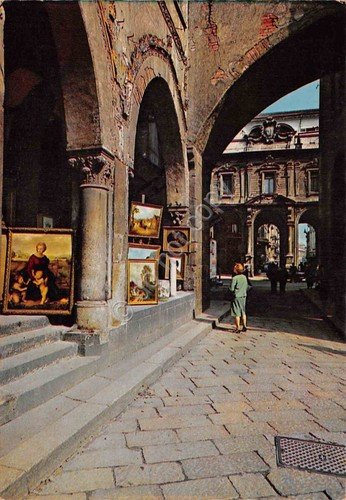 Cartolina Milano Piazza Mercanti Passaggio Scuole Palatine animata anni '70