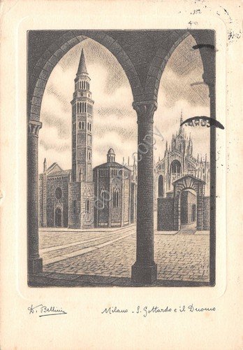 Cartolina Milano S. Gottardo Illustrata Bellini Timbro a targhetta PT …