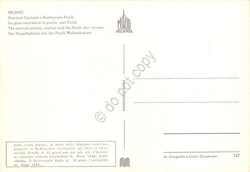 Cartolina Milano Stazione Centrale laterale e Grattacielo Pirelli anni '70