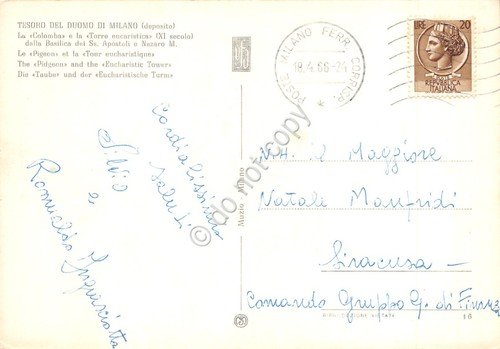 Cartolina Milano Tesoro del Duomo La Colomba e Torre Eucaristica …