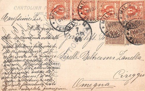 Cartolina Milano Torre del Filarete 1908 bella affrancatura | Immagine Gallery 2