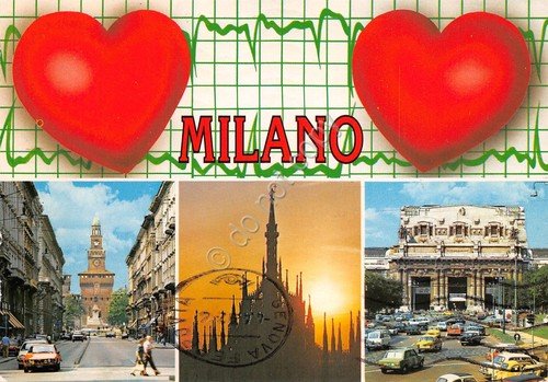 Cartolina Milano vedute varie auto d'epoca cartolina grafica con cuori … | Immagine principale