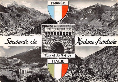 Cartolina Modane frontiera Italia Francia 4 vedute tunnel Frejus 1960