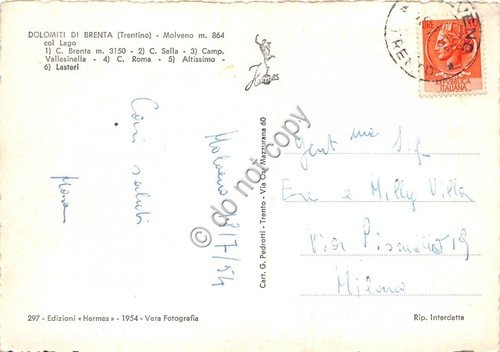 Cartolina Molveno col lago Dolomiti 1954 (Trento)