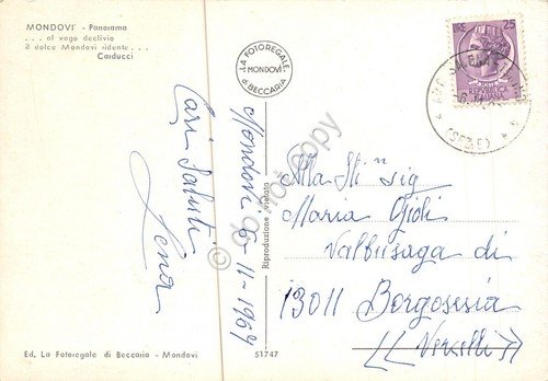 Cartolina Mondovì panorama 1968 distributore Total al retro poesia Carducci
