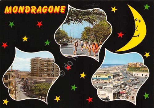 Cartolina Mondragone vedute varie grafica cielo stellato anni '90 | Immagine principale