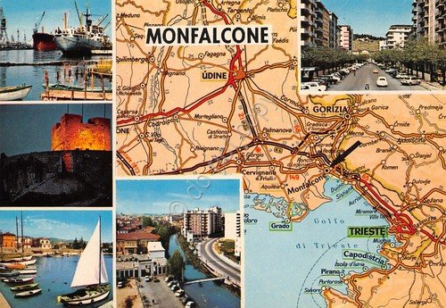 Cartolina Monfalcone mappa città e vedute varie