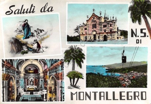 Cartolina Montallegro Santuario vedute 1964 Timbro Santuario (Genova)