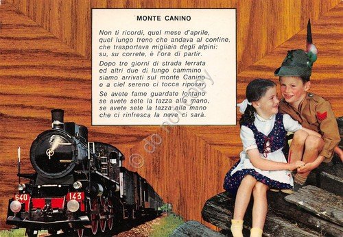 Cartolina Monte Canino poesia treno bambini cappello Alpini | Immagine principale
