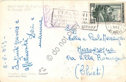 Cartolina Monte Cristallo Grand Hotel Tre Croci 1953 (Belluno)