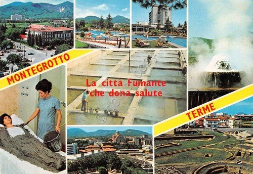 Cartolina Montegrotto Terme 8 vedute fanghi panorama piscina (Padova) | Immagine principale