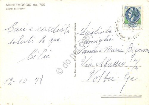Cartolina Montemoggio vedute strada auto d'epoca panorama elicottero 1978