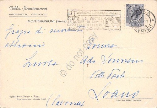 Cartolina Monteriggioni Siena Villa Stomennano 1960 timbro a targhetta PT | Immagine Gallery 2