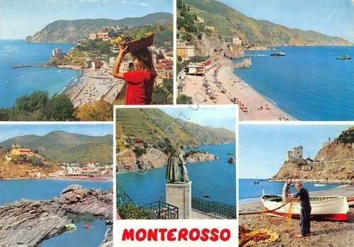 Cartolina Monterosso 5 vedute pescatore spiaggia animata (La Spezia) | Immagine principale