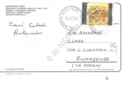 Cartolina Montese vedute varie paese e panorama 1994