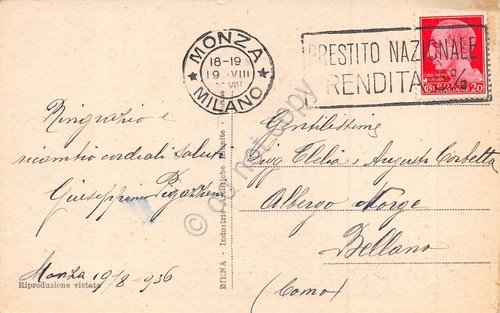 Cartolina Monza Villa Reale Lato Est 1936 grinza (Milano)