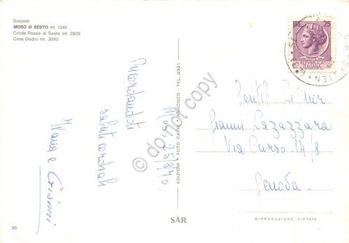 Cartolina Moso di Sesto Croda Rossa Cima Dodici 1970 (Bolzano)