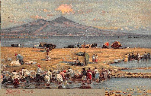 Cartolina Napoli Marinella lavandaie illustrata 1910 | Immagine principale