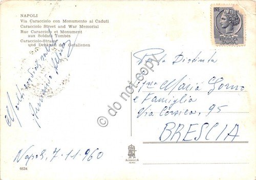 Cartolina Napoli Via Caracciolo Monumento ai Caduti 1960