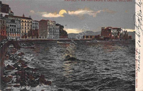 Cartolina Napoli Via Partenope Castel dell'Ovo 1906