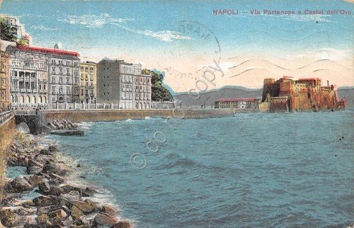 Cartolina Napoli Via Partenope e Castel dell' Ovo illustrata 1914 | Immagine principale