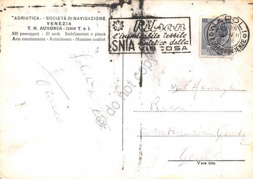 Cartolina Nave Ausonia Adriatica Navigazione Timbro SNIA Viscosa segnata 1958 | Immagine Gallery 2