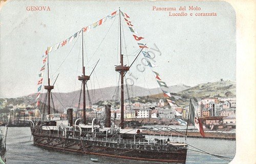 Cartolina Nave Lucedio e corazzata Panorama del Molo di Genova … | Immagine Gallery 1