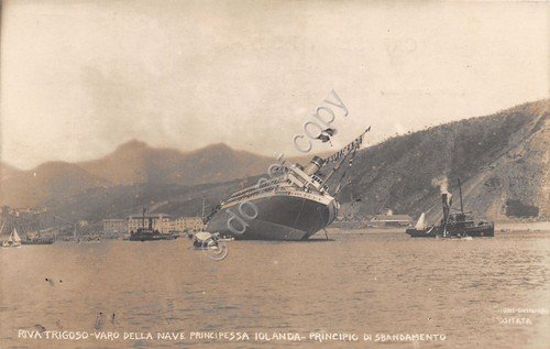 Cartolina Nave Principessa Jolanda principio sbandamento nave Riva Trigoso