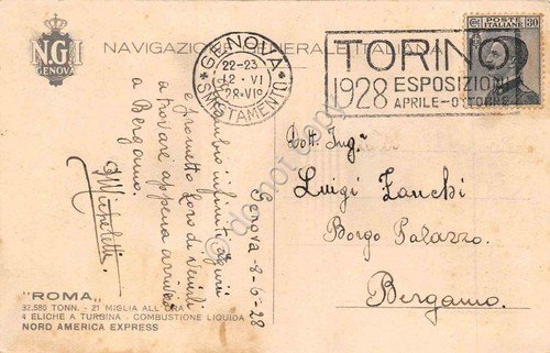 Cartolina Nave Roma Nord America Axpress Timbro targhetta Torino esposizione …