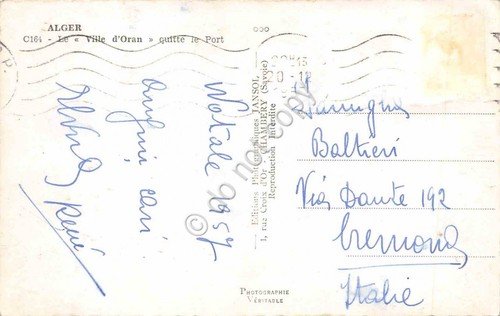 Cartolina Nave Ville d'Oran quitte le port de Alger 1957