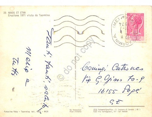 Cartolina Naxos e Etna notturno eruzione del 1971 da Taormina …