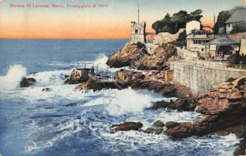 Cartolina Nervi Passeggiata a mare illustrata anni '10