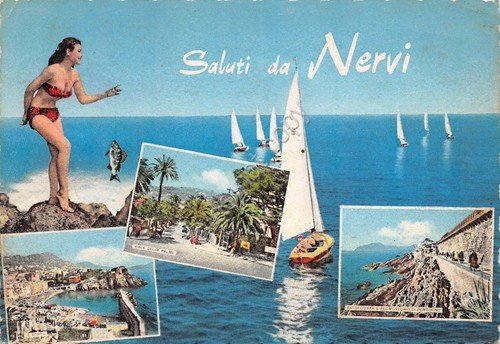 Cartolina Nervi vedute 1965 Pin UP timbro targhetta Centenario Capitanerie …